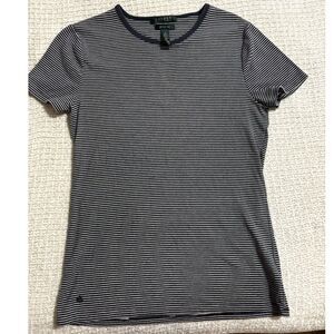 Lauren Ralph Lauren Jackie Tee L Navy White Stripe Logo Basic Minimalist Top